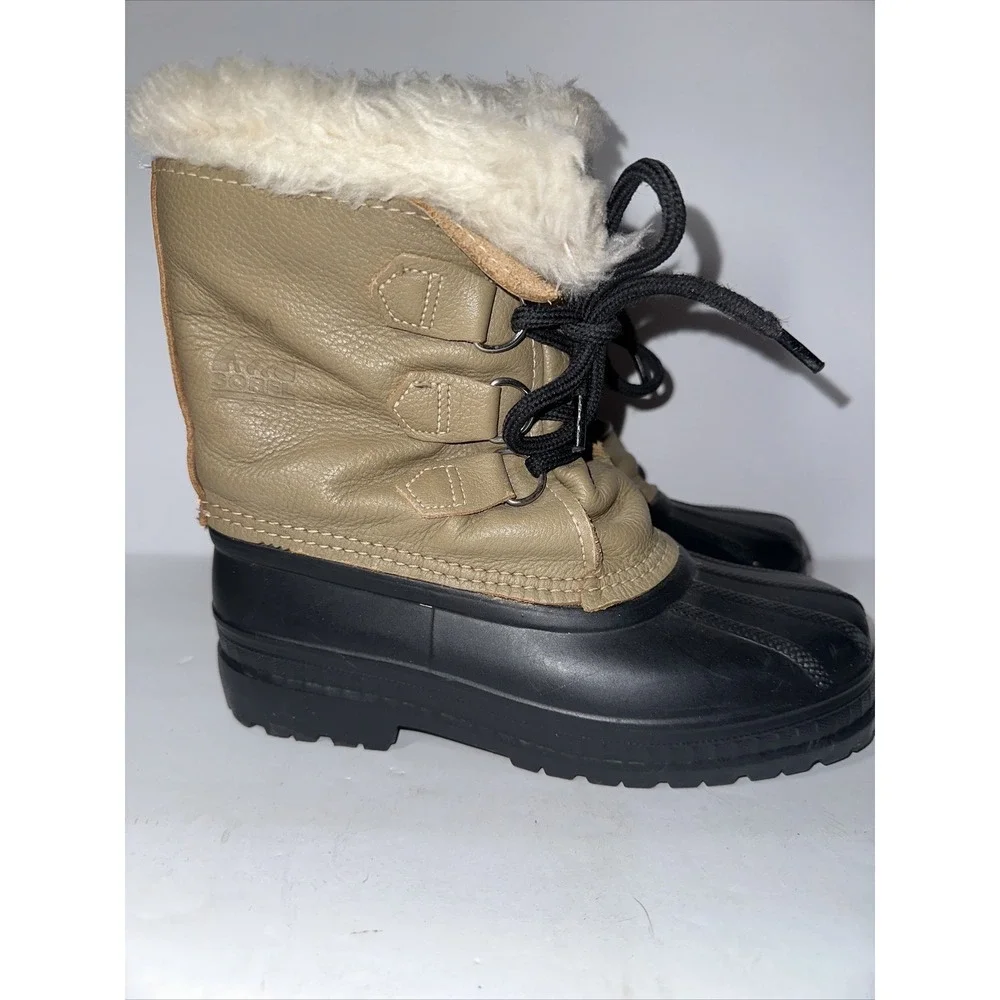 Duck Boots Sorel Ram Womens Tan Leather Black Rubber Duck Snow Rain Boots Size 3